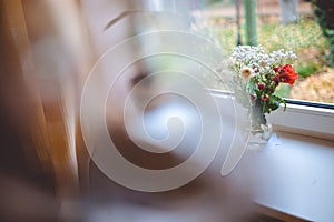 A glass jug with flowers in it stands on a white window sill, and outside the window you can see the home garden.