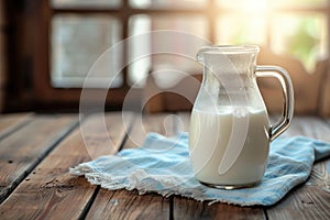 Glass jug of fresh milk on wooden table