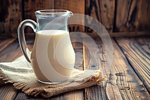 Glass jug of fresh milk on wooden table