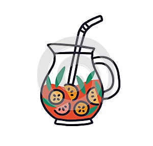 Glass jug with fruit lemonade. Red drink with mint leaves in pitcher with straw. Colored flat vector illustration of