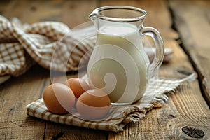 Glass jug of milk and egg on wooden table