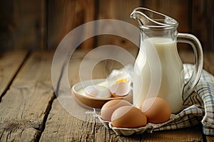 Glass jug of milk and egg on wooden table