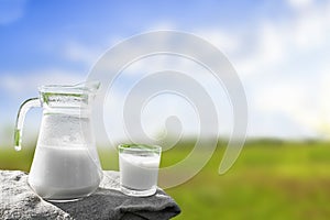 Glass jug with milk and a glass on the grass against a backdrop of picturesque green meadows with flowers