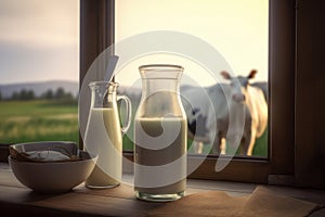A glass jug of milk and a jar of cream on a wooden table