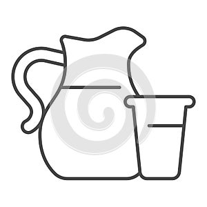 Glass and jug of milk thin line icon, dairy products concept, Milk Jug with glass sign on white background, Fresh Milk