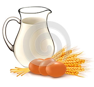 Glass jug with milk, wheat seeds and eggs.