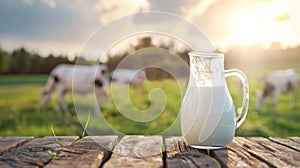 Glass jug of milk on wooden table, cows walking on grass on background. Generative AI