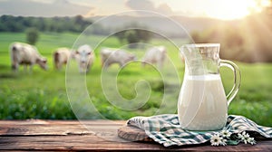 Glass jug of milk on wooden table, cows walking on grass on background. Generative AI