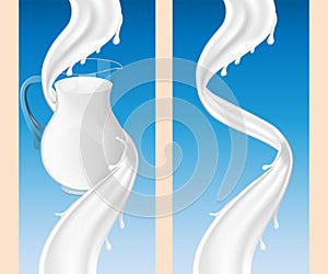 Glass jug and Milk or yogurt white swirl and on blue background, three dimentional milky vortex splashing realistic. Set of labels