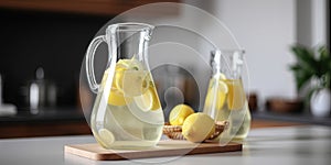 Glass jugs with fresh cold lemonade