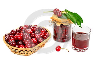 Glass of juice, basket of cherries and jar of jam