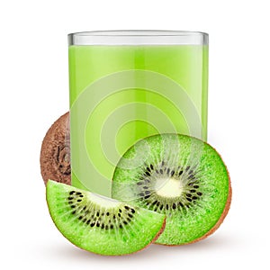 Glass of juice with kiwi on a white background