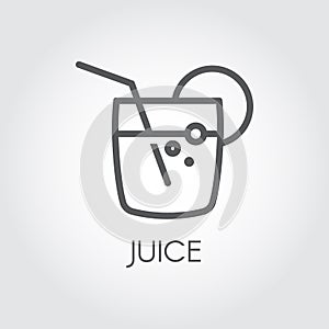 Glass with juice, straw and lemon or lime slice. Icon in linear style. Drink, lemonade or cocktail label. Food series