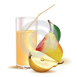 Glass with juice and straw, yellow pear and half of pear