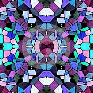 Glass kaleidoscope mosaic seamless pattern background in blue, pink, purple and green colors
