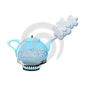Glass kettle with boiling water and steam photo