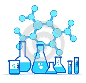 Glass Lab Jars, laboratory equipment icon set with Molecule chem