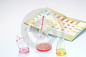 Glass laboratory apparatus with chemicals and book