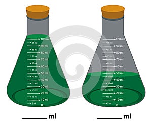 Glass laboratory chemical measuring flasks. with colorful liquids in realistic vector illustration set.