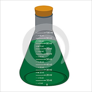 Glass laboratory chemical measuring flasks. with colorful liquids in realistic vector illustration set.