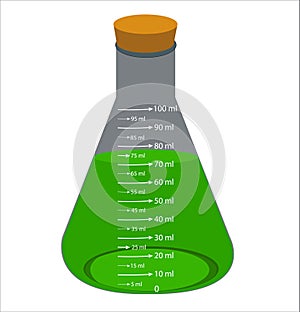 Glass laboratory chemical measuring flasks. with colorful liquids in realistic vector illustration set.
