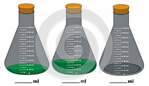 Glass laboratory chemical measuring flasks. with colorful liquids in realistic vector illustration set.