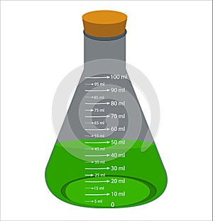 Glass laboratory chemical measuring flasks. with colorful liquids in realistic vector illustration set.