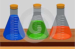 Glass laboratory chemical measuring flasks. with colorful liquids in vector illustration set.