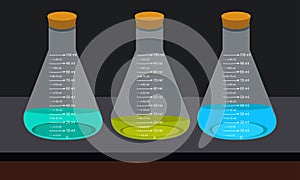 Glass laboratory chemical measuring flasks. with colorful liquids in vector illustration set.