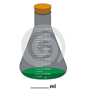 Glass laboratory chemical measuring flasks. with colorful 10ml liquids in realistic vector illustration.