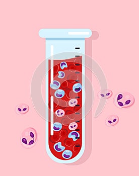 Glass laboratory test tube or beaker with blood analysis. World Leukemia Day. Cells Erythrocytes, leukocytes, neutrophils.