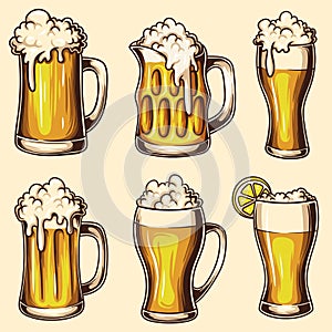 Glass lager beer set collection vector illustration