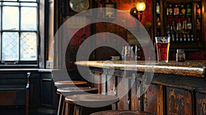 glass of lager beer stands at the bar in an old english or irish pub.