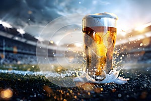 Glass with lager foamy beer on grass at soccer stadium. Game and drink, sports fan