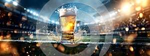 Glass with lager foamy beer on grass at soccer stadium. Game and drink, sports fan