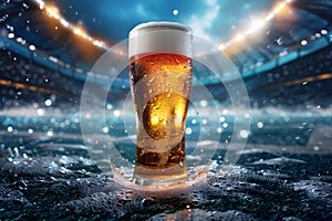 Glass with lager foamy beer on grass at soccer stadium. Game and drink, sports fan