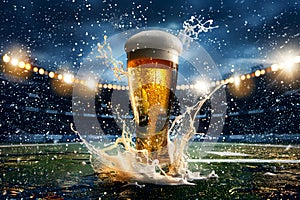 Glass with lager foamy beer on grass at soccer stadium. Game and drink, sports fan