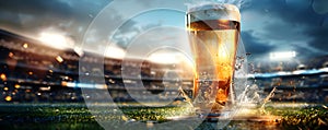 Glass with lager foamy beer on grass at soccer stadium. Game and drink, sports fan