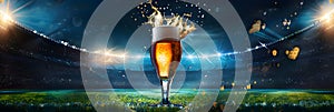 Glass with lager foamy beer on grass at soccer stadium. Game and drink, sports fan