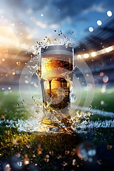 Glass with lager foamy beer on grass at soccer stadium. Game and drink, sports fan