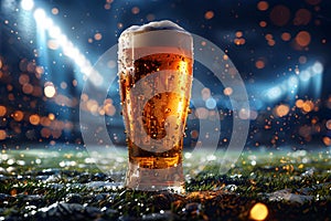 Glass with lager foamy beer on grass at soccer stadium. Game and drink, sports fan