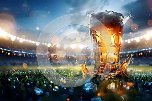 Glass with lager foamy beer on grass at soccer stadium. Game and drink, sports fan