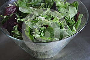 Glass large salad bowl with a mix of all salads, leaves of different salads located on a metallic background.