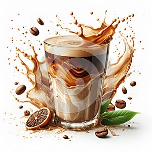 glass with latte coffee with coffee splash isolated on white background