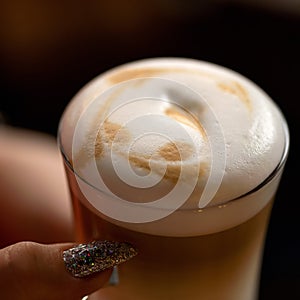 Glass of latte coffee with froth in female hand. Close up shot, top view. Soft focus