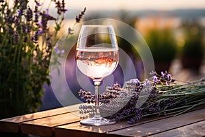 A glass of lavender wine on a wooden table in nature in the rays of sunset. Beautiful still life with a lavender bouquet