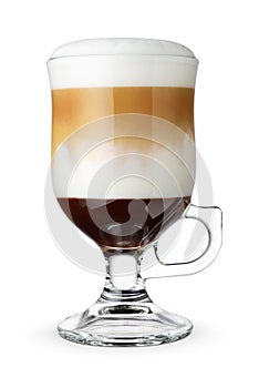 Glass of layered coffee mocaccino isolated on white