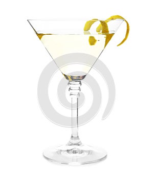 Glass of lemon drop  cocktail  with zest on white background