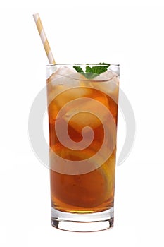 Glass of lemon iced tea with straw isolated on white