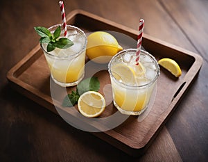 A glass of lemon juice bloom refrigeration effect. On a wooden tray two lemons and mint leaves